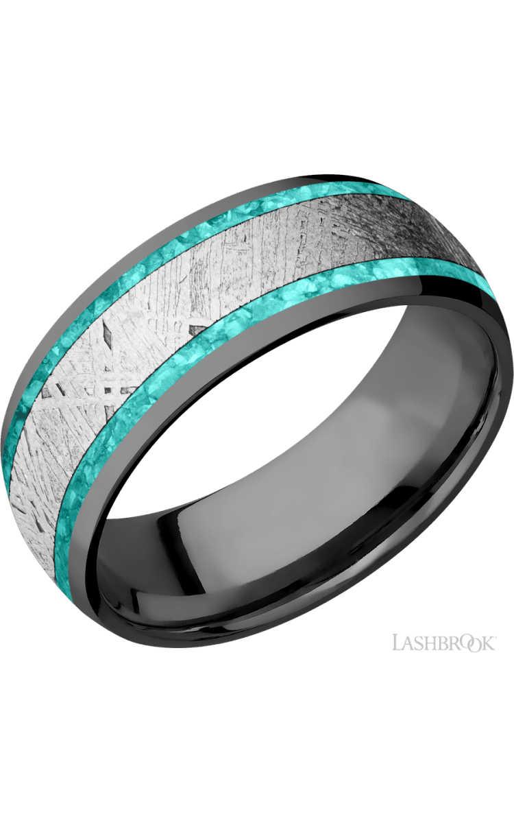 8 mm wide/Domed/Zirconium band featuring inlays of Teal Opal and Meteorite. - Diamonds By Rothschild