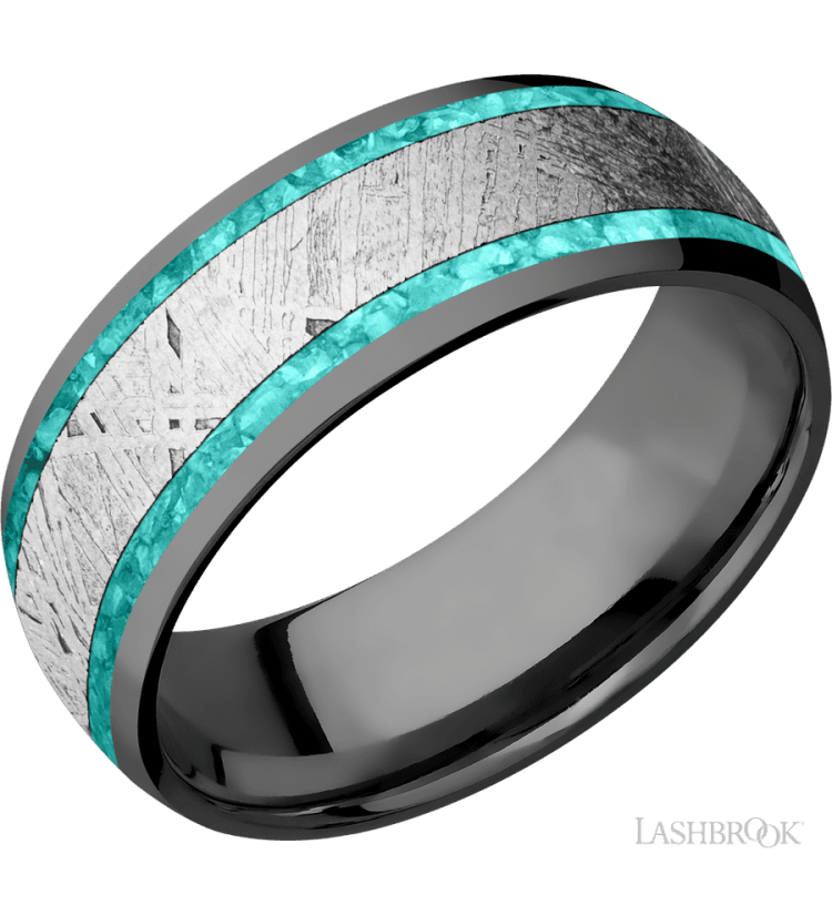 8 mm wide/Domed/Zirconium band featuring inlays of Teal Opal and Meteorite. - Diamonds By Rothschild
