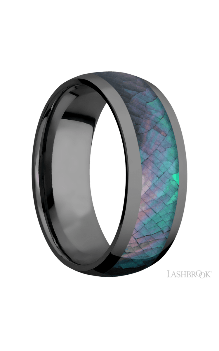8 mm wide/Domed/Zirconium band with one 5 mm Centered inlay of Black Mother of Pearl. - Diamonds By Rothschild