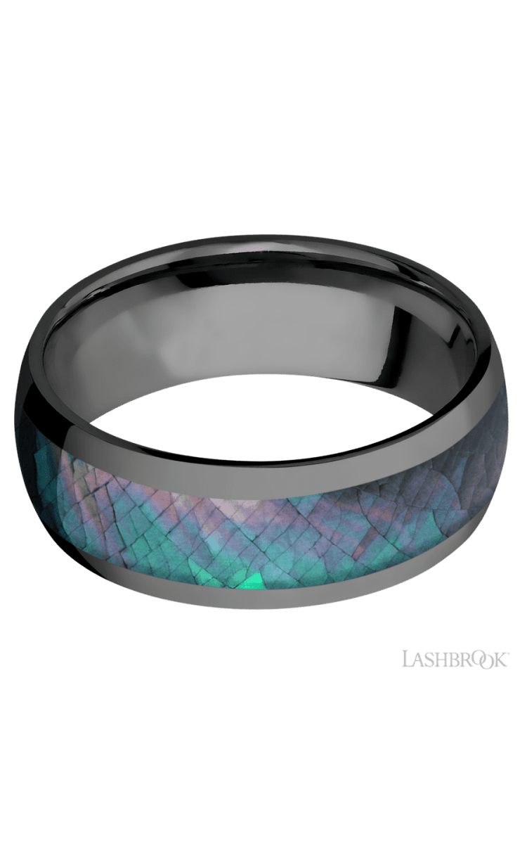 8 mm wide/Domed/Zirconium band with one 5 mm Centered inlay of Black Mother of Pearl. - Diamonds By Rothschild