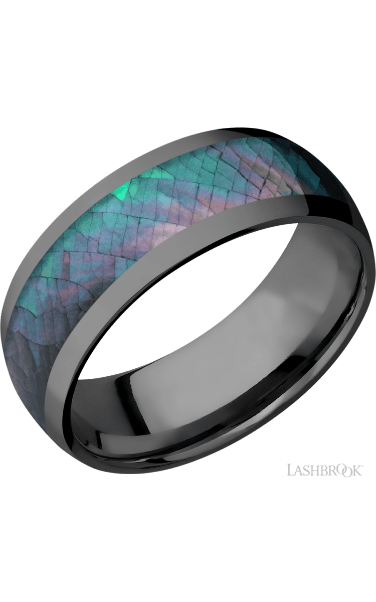 8 mm wide/Domed/Zirconium band with one 5 mm Centered inlay of Black Mother of Pearl. - Diamonds By Rothschild