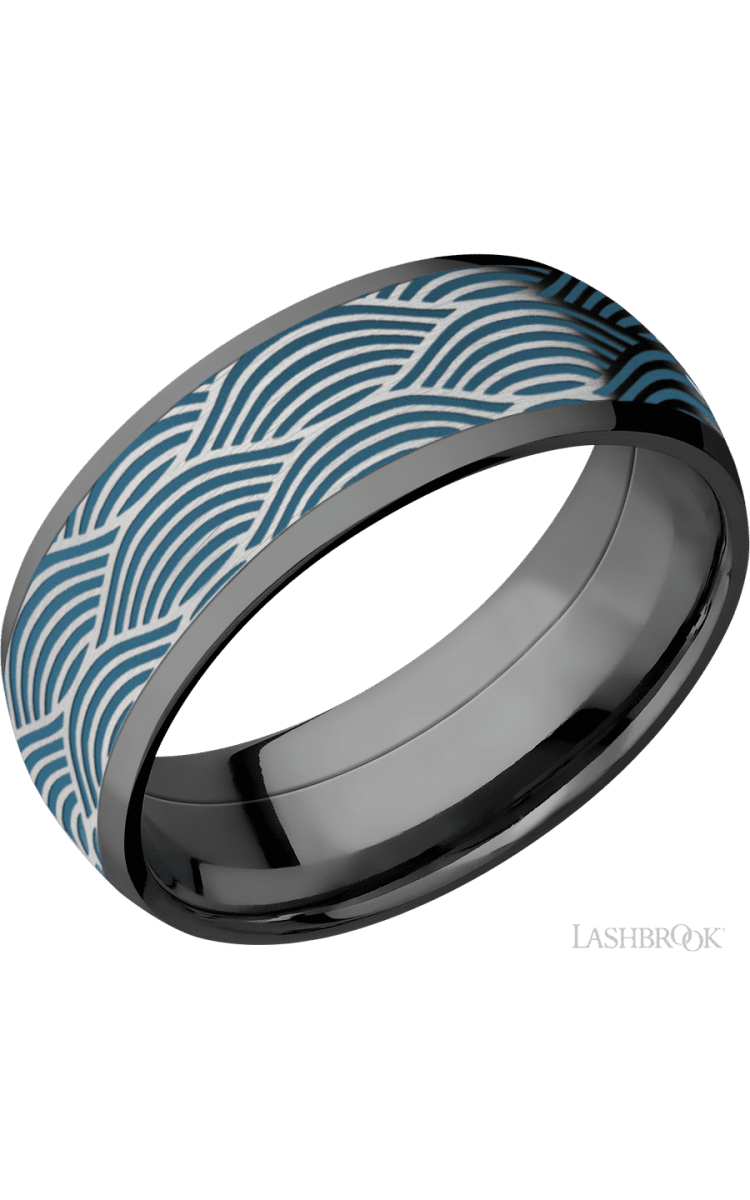 8 mm wide/Domed/Zirconium band with one 6 mm Centered inlay of Cobalt Chrome with a laser carved Navigator pattern. - Diamonds By Rothschild