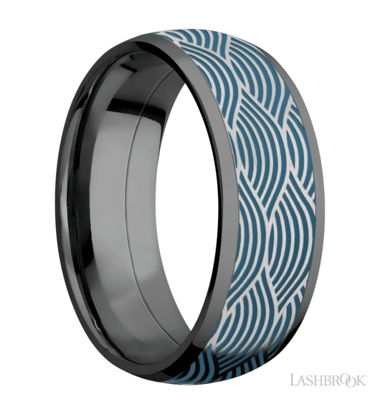 8 mm wide/Domed/Zirconium band with one 6 mm Centered inlay of Cobalt Chrome with a laser carved Navigator pattern. - Diamonds By Rothschild