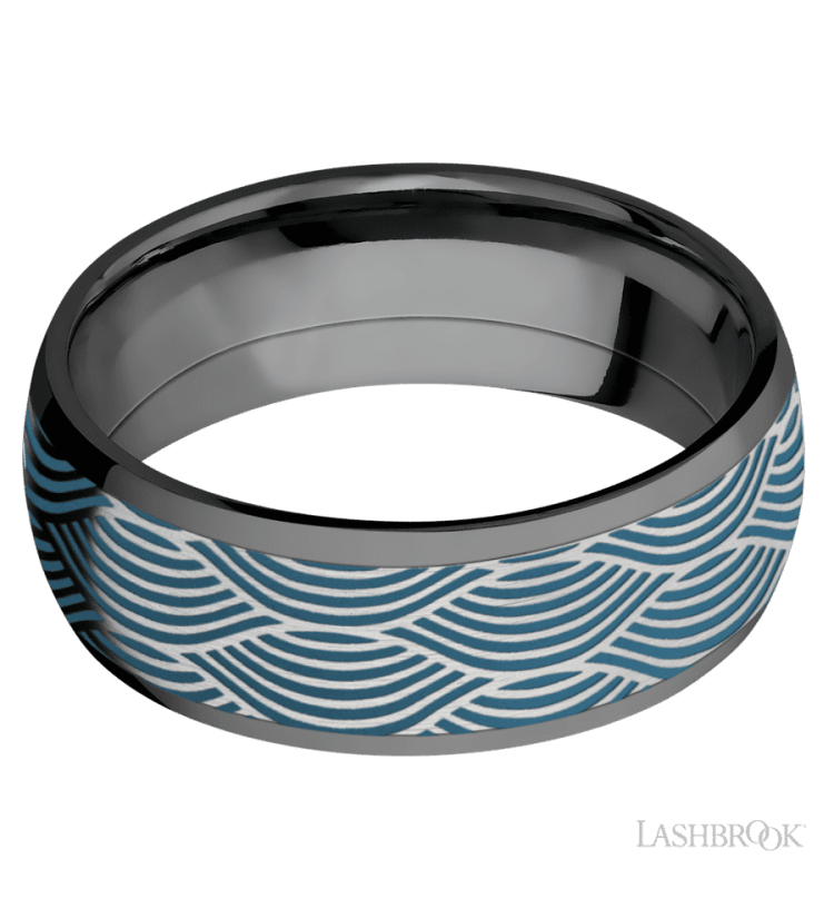 8 mm wide/Domed/Zirconium band with one 6 mm Centered inlay of Cobalt Chrome with a laser carved Navigator pattern. - Diamonds By Rothschild