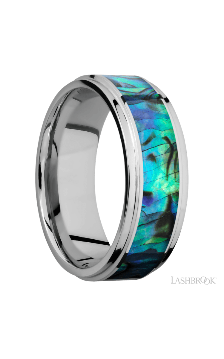 8 mm wide/Flat Grooved Edges/Cobalt Chrome band with one 5 mm Centered inlay of Abalone. - Diamonds By Rothschild