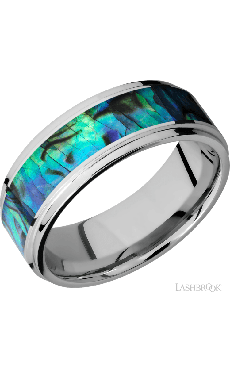 8 mm wide/Flat Grooved Edges/Cobalt Chrome band with one 5 mm Centered inlay of Abalone. - Diamonds By Rothschild