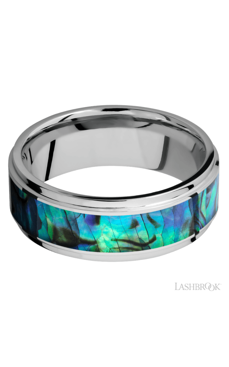 8 mm wide/Flat Grooved Edges/Cobalt Chrome band with one 5 mm Centered inlay of Abalone. - Diamonds By Rothschild