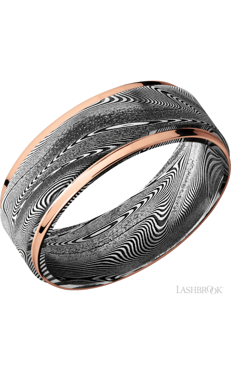 8 mm wide/Flat Grooved Edges/Tightweave band with two 1 mm Edge inlays of 14K Rose Gold. - Diamonds By Rothschild