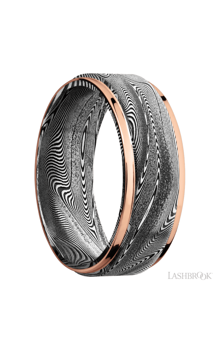 8 mm wide/Flat Grooved Edges/Tightweave band with two 1 mm Edge inlays of 14K Rose Gold. - Diamonds By Rothschild