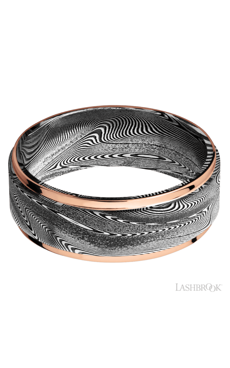 8 mm wide/Flat Grooved Edges/Tightweave band with two 1 mm Edge inlays of 14K Rose Gold. - Diamonds By Rothschild