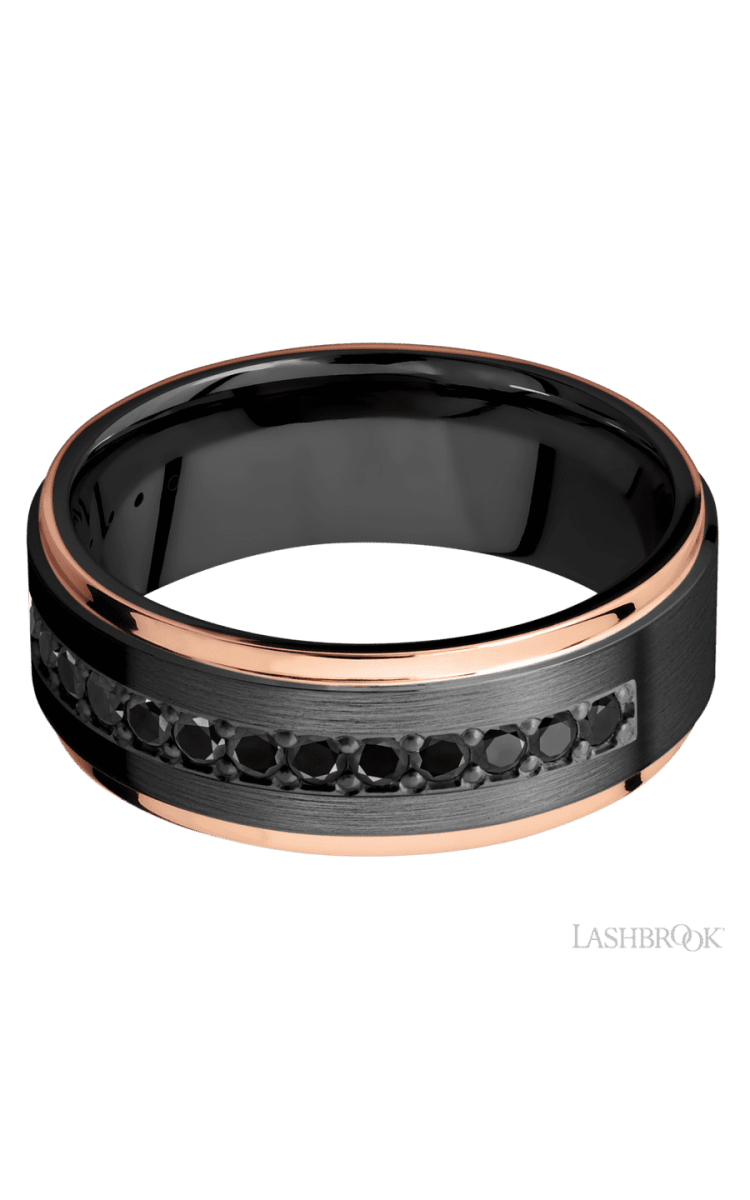 8 mm wide/Flat Grooved Edges/Zirconium band with a Half Eternity arrangement of .03 carat Round Black Diamond stones in a Bead setting and featuring two 1 mm Edge inlays of 14K Rose Gold - Diamonds By Rothschild