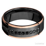 8 mm wide/Flat Grooved Edges/Zirconium band with a Half Eternity arrangement of .03 carat Round Black Diamond stones in a Bead setting and featuring two 1 mm Edge inlays of 14K Rose Gold - Diamonds By Rothschild