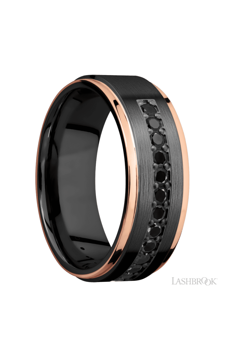 8 mm wide/Flat Grooved Edges/Zirconium band with a Half Eternity arrangement of .03 carat Round Black Diamond stones in a Bead setting and featuring two 1 mm Edge inlays of 14K Rose Gold - Diamonds By Rothschild