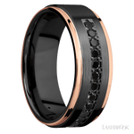 8 mm wide/Flat Grooved Edges/Zirconium band with a Half Eternity arrangement of .03 carat Round Black Diamond stones in a Bead setting and featuring two 1 mm Edge inlays of 14K Rose Gold - Diamonds By Rothschild