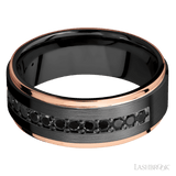 8 mm wide/Flat Grooved Edges/Zirconium band with a Half Eternity arrangement of .03 carat Round Black Diamond stones in a Bead setting and featuring two 1 mm Edge inlays of 14K Rose Gold - Diamonds By Rothschild