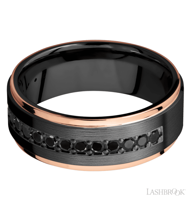 8 mm wide/Flat Grooved Edges/Zirconium band with a Half Eternity arrangement of .03 carat Round Black Diamond stones in a Bead setting and featuring two 1 mm Edge inlays of 14K Rose Gold - Diamonds By Rothschild