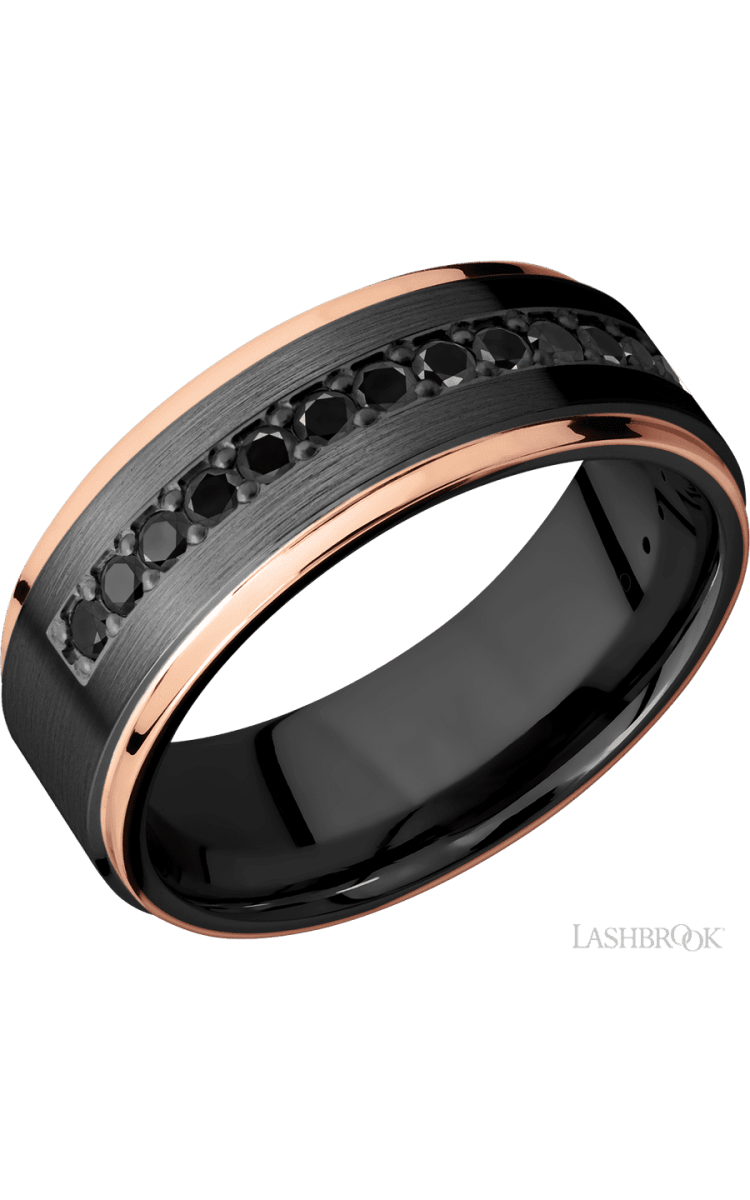 8 mm wide/Flat Grooved Edges/Zirconium band with a Half Eternity arrangement of .03 carat Round Black Diamond stones in a Bead setting and featuring two 1 mm Edge inlays of 14K Rose Gold - Diamonds By Rothschild