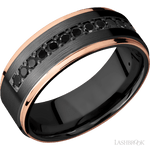 8 mm wide/Flat Grooved Edges/Zirconium band with a Half Eternity arrangement of .03 carat Round Black Diamond stones in a Bead setting and featuring two 1 mm Edge inlays of 14K Rose Gold - Diamonds By Rothschild