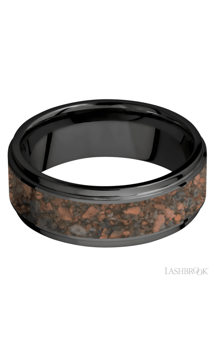 8 mm wide/Flat Grooved Edges/Zirconium band with one 5 mm Centered inlay of Desert Jasper. - Diamonds By Rothschild