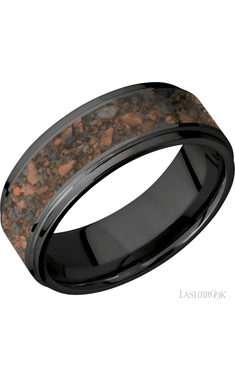 8 mm wide/Flat Grooved Edges/Zirconium band with one 5 mm Centered inlay of Desert Jasper. - Diamonds By Rothschild