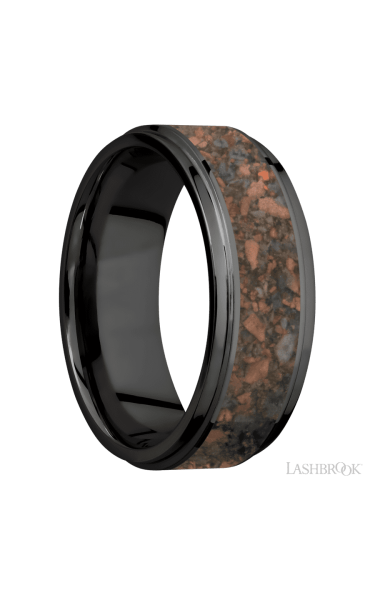 8 mm wide/Flat Grooved Edges/Zirconium band with one 5 mm Centered inlay of Desert Jasper. - Diamonds By Rothschild