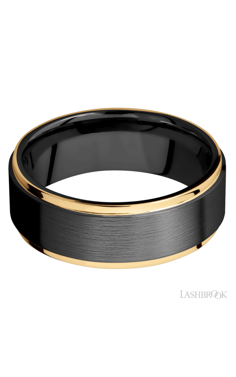 8 mm wide/Flat Grooved Edges/Zirconium band with two 1 mm Edge inlays of 14K Yellow Gold. - Diamonds By Rothschild