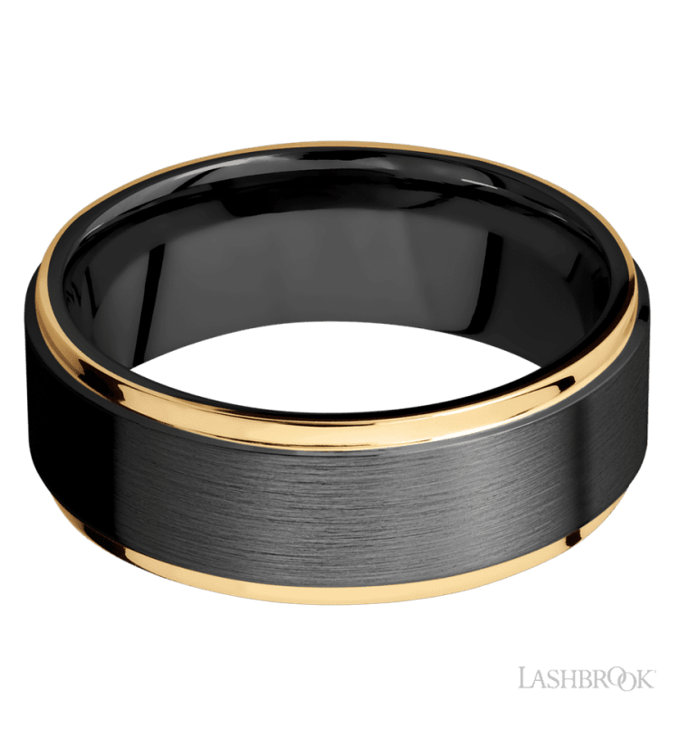 8 mm wide/Flat Grooved Edges/Zirconium band with two 1 mm Edge inlays of 14K Yellow Gold. - Diamonds By Rothschild