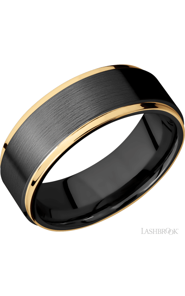 8 mm wide/Flat Grooved Edges/Zirconium band with two 1 mm Edge inlays of 14K Yellow Gold. - Diamonds By Rothschild