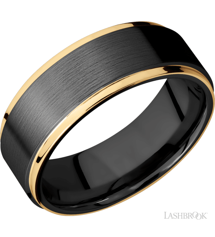 8 mm wide/Flat Grooved Edges/Zirconium band with two 1 mm Edge inlays of 14K Yellow Gold. - Diamonds By Rothschild