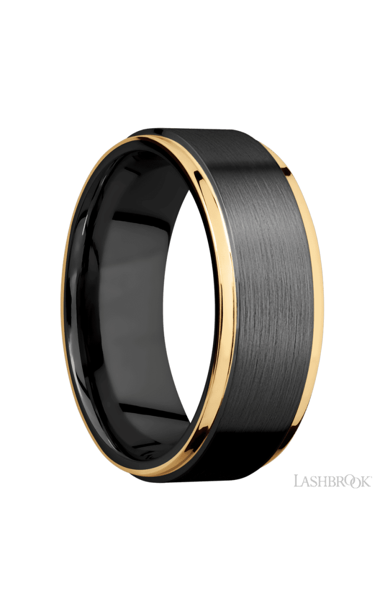 8 mm wide/Flat Grooved Edges/Zirconium band with two 1 mm Edge inlays of 14K Yellow Gold. - Diamonds By Rothschild