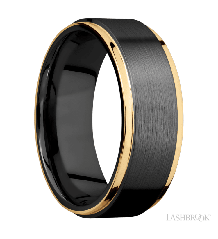 8 mm wide/Flat Grooved Edges/Zirconium band with two 1 mm Edge inlays of 14K Yellow Gold. - Diamonds By Rothschild