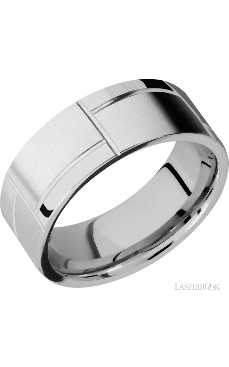 8 mm wide/Flat/14K White Gold band with a machined 3GOCHR pattern. - Diamonds By Rothschild