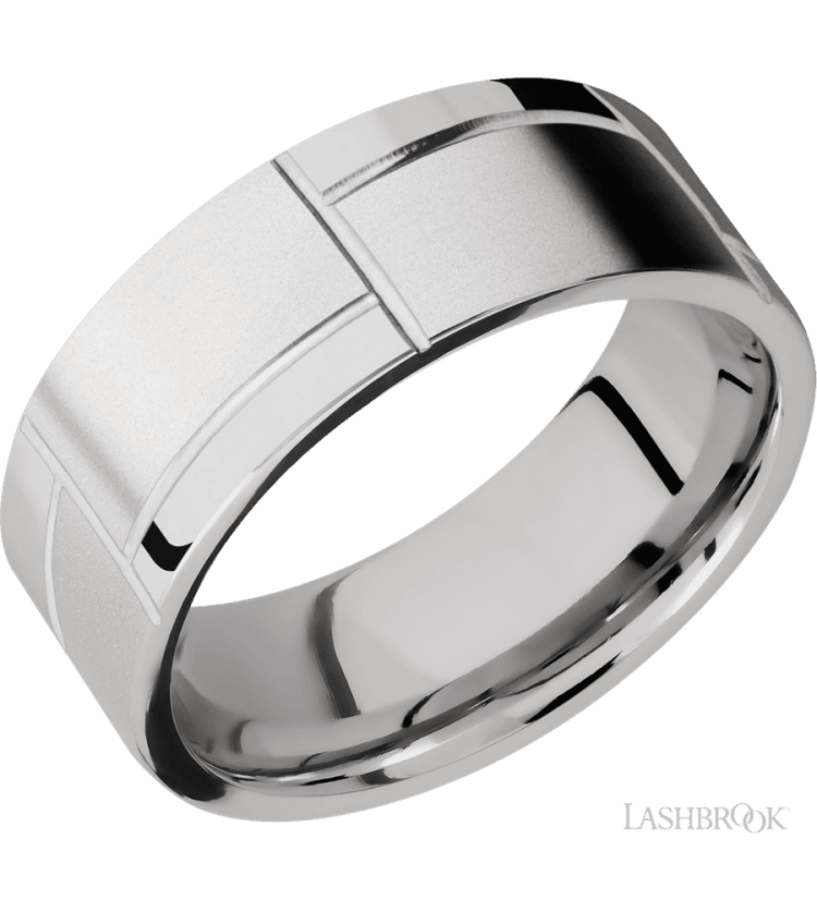 8 mm wide/Flat/14K White Gold band with a machined 3GOCHR pattern. - Diamonds By Rothschild