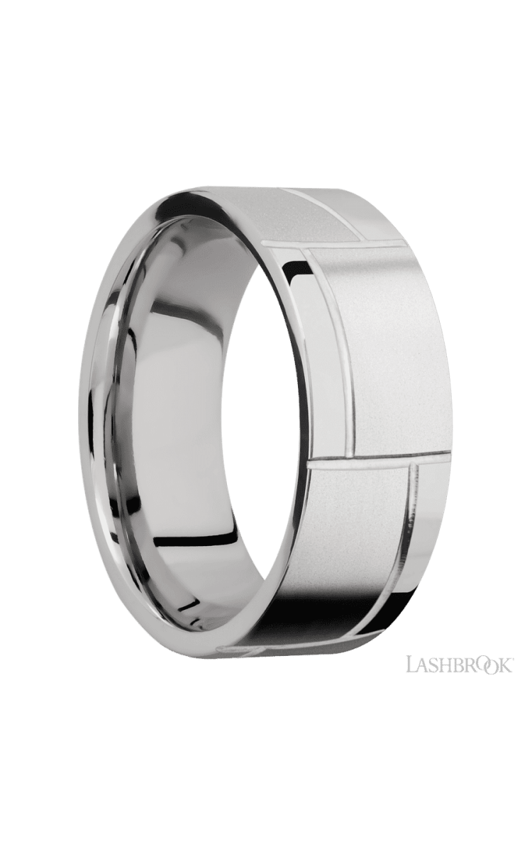 8 mm wide/Flat/14K White Gold band with a machined 3GOCHR pattern. - Diamonds By Rothschild