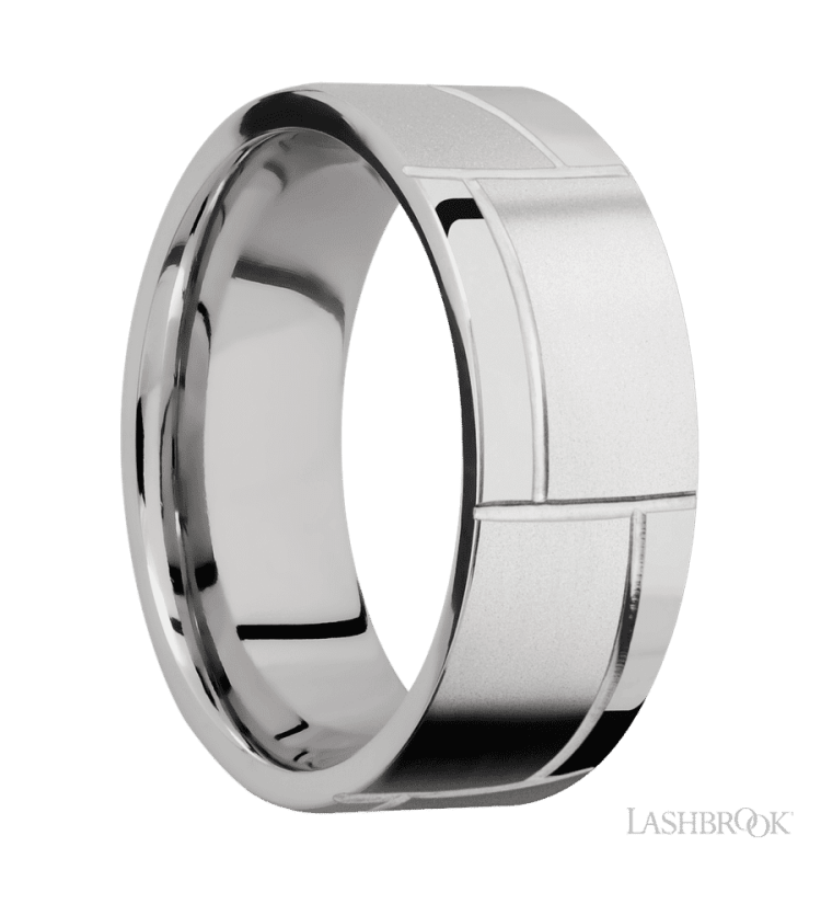 8 mm wide/Flat/14K White Gold band with a machined 3GOCHR pattern. - Diamonds By Rothschild