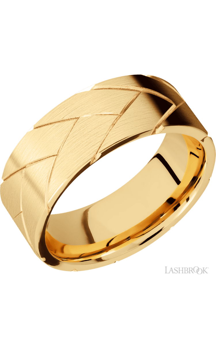 8 mm wide/Flat/14K Yellow Gold band with a machined Flatbraid pattern. - Diamonds By Rothschild