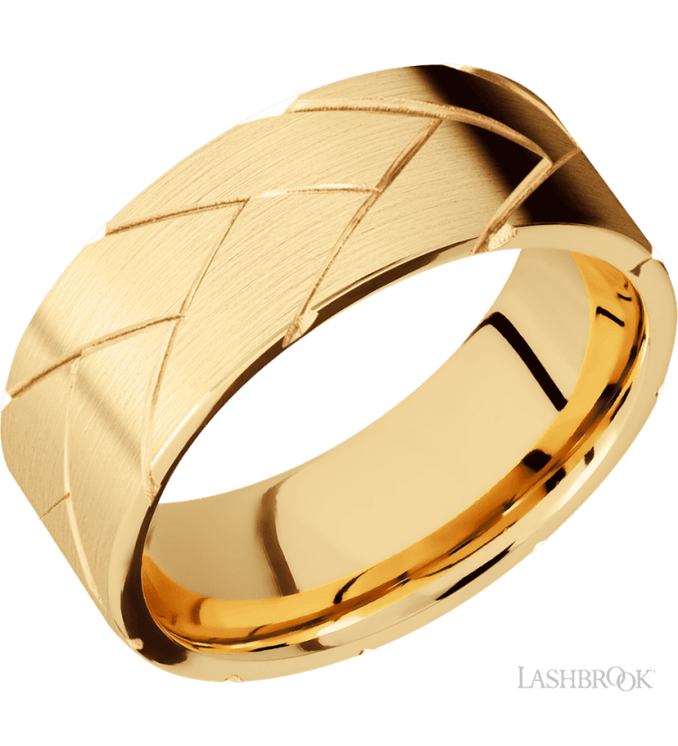 8 mm wide/Flat/14K Yellow Gold band with a machined Flatbraid pattern. - Diamonds By Rothschild