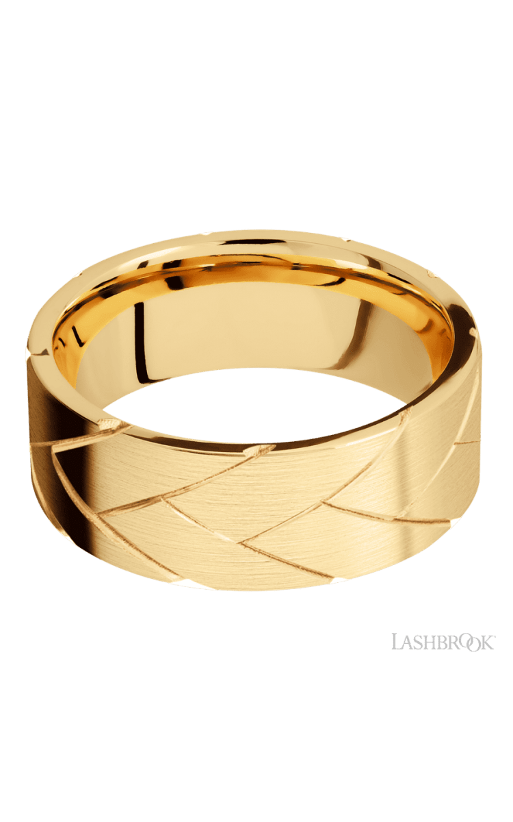 8 mm wide/Flat/14K Yellow Gold band with a machined Flatbraid pattern. - Diamonds By Rothschild