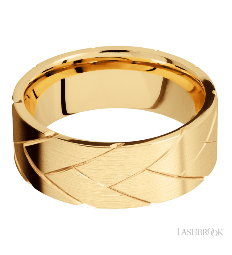 8 mm wide/Flat/14K Yellow Gold band with a machined Flatbraid pattern. - Diamonds By Rothschild