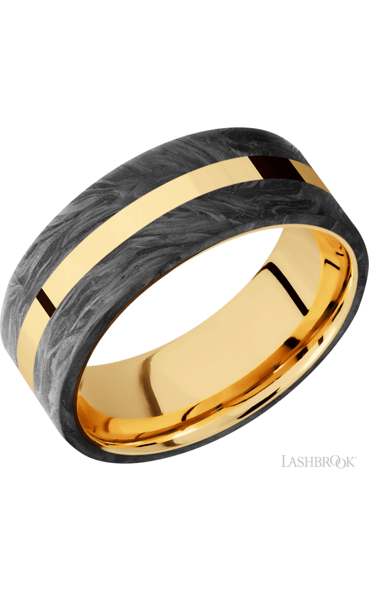 8 mm wide/Flat/14K Yellow Gold band with two 3 mm Double Off Center Edge inlays of Forged Carbon Fiber. - Diamonds By Rothschild