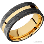 8 mm wide/Flat/14K Yellow Gold band with two 3 mm Double Off Center Edge inlays of Forged Carbon Fiber. - Diamonds By Rothschild