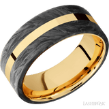 8 mm wide/Flat/14K Yellow Gold band with two 3 mm Double Off Center Edge inlays of Forged Carbon Fiber. - Diamonds By Rothschild