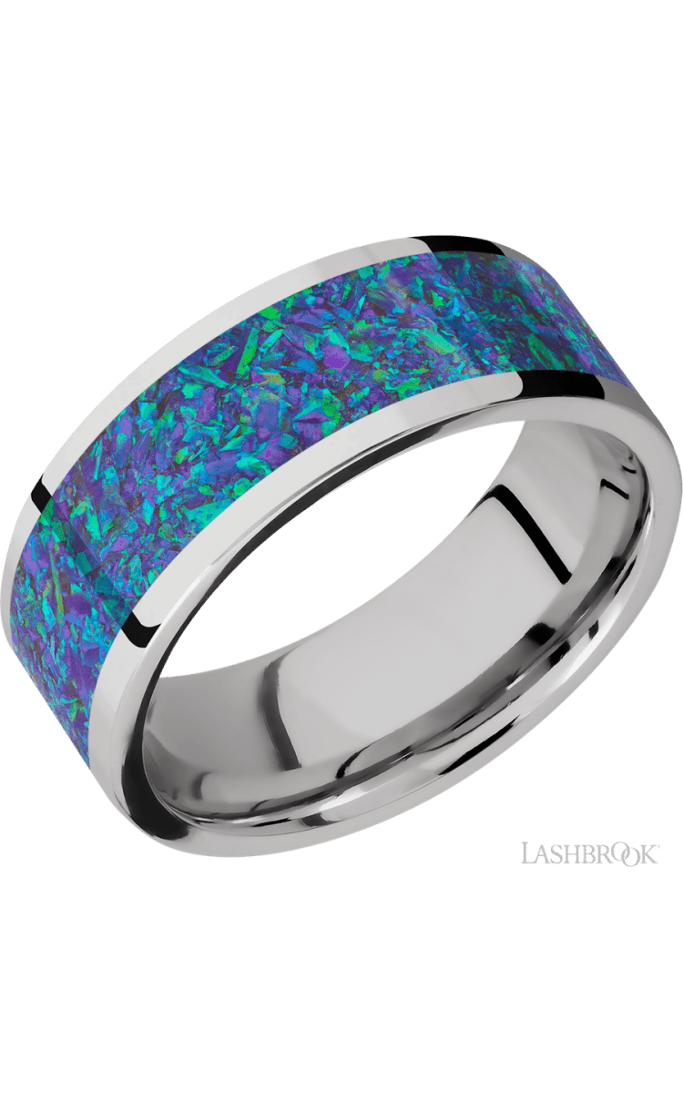 8 mm wide/Flat/Cobalt Chrome band with one 6 mm Centered inlay of Blue Green Opal. - Diamonds By Rothschild