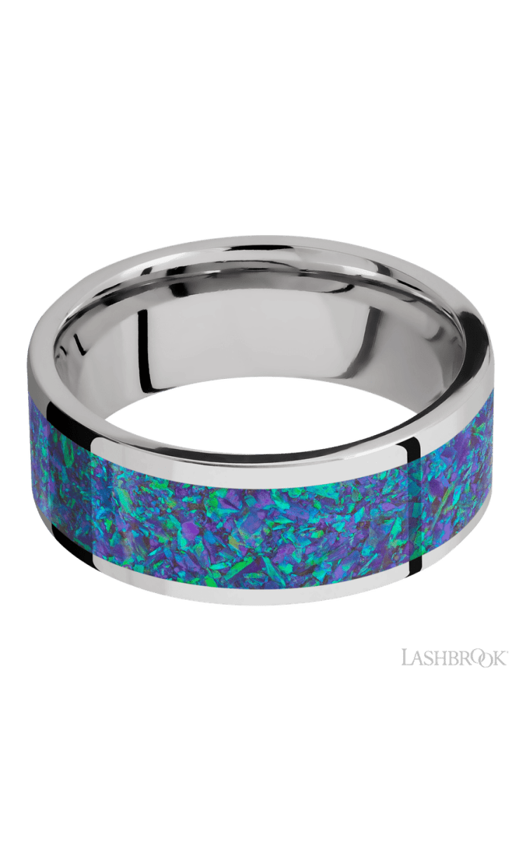 8 mm wide/Flat/Cobalt Chrome band with one 6 mm Centered inlay of Blue Green Opal. - Diamonds By Rothschild