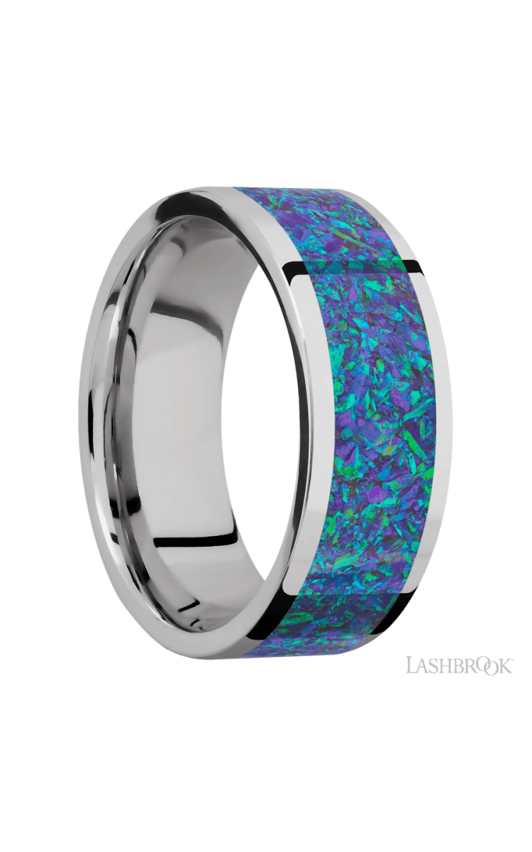 8 mm wide/Flat/Cobalt Chrome band with one 6 mm Centered inlay of Blue Green Opal. - Diamonds By Rothschild