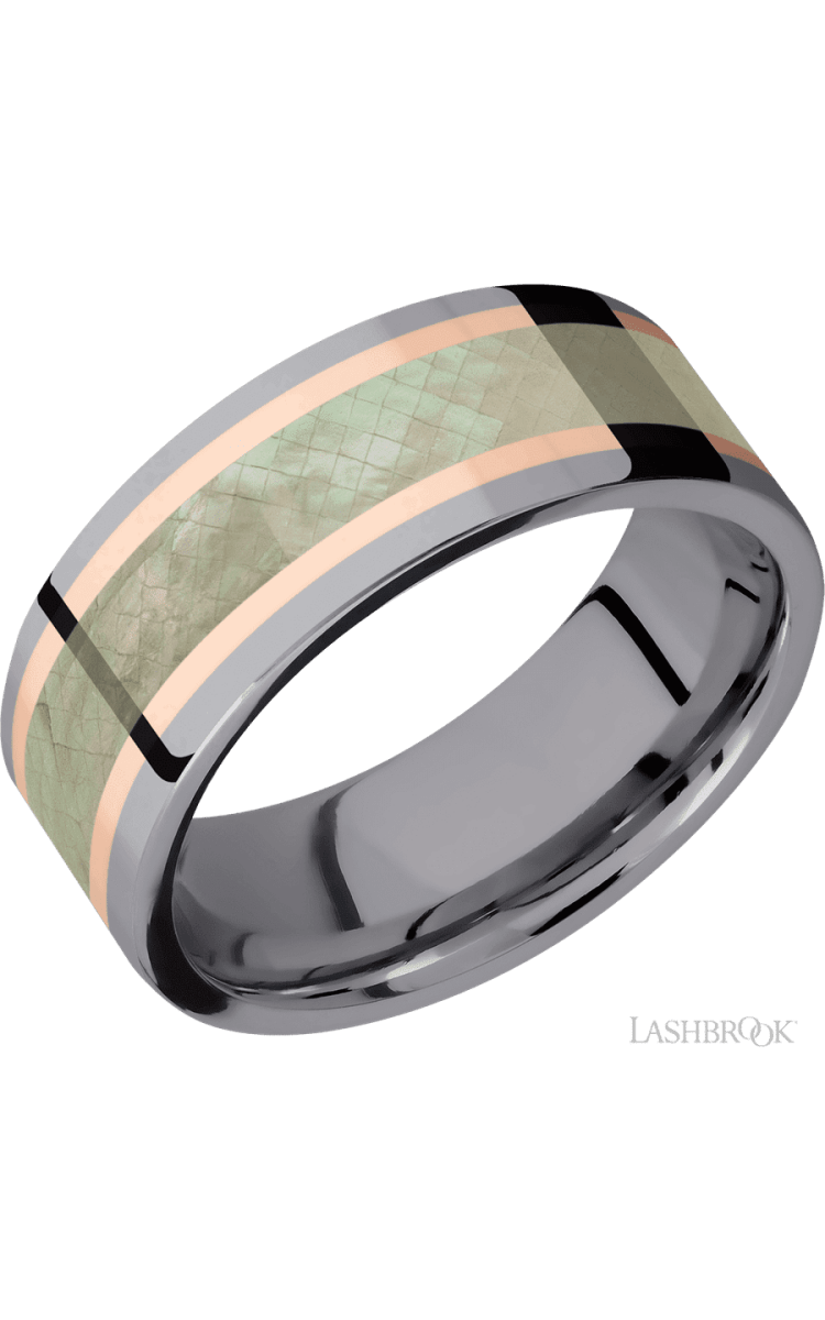 8 mm wide/Flat/Tantalum band featuring inlays of 14K Rose Gold and Freshwater Mother of Pearl. - Diamonds By Rothschild