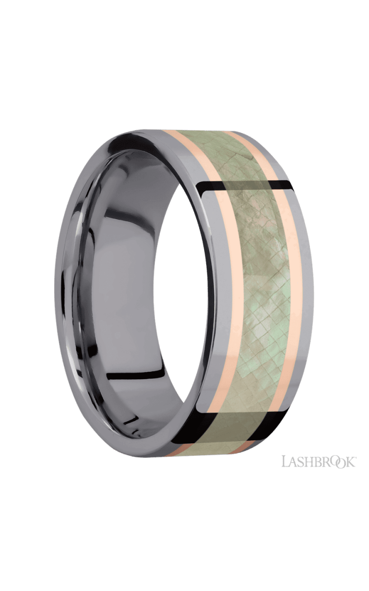 8 mm wide/Flat/Tantalum band featuring inlays of 14K Rose Gold and Freshwater Mother of Pearl. - Diamonds By Rothschild