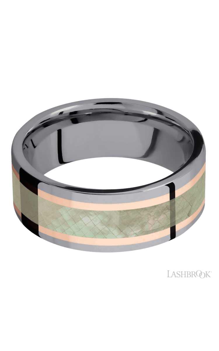 8 mm wide/Flat/Tantalum band featuring inlays of 14K Rose Gold and Freshwater Mother of Pearl. - Diamonds By Rothschild