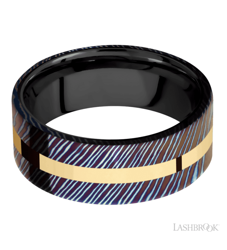 8 mm wide/Flat/Titanium Damascus band with one 2 mm Centered inlay of 14K Yellow Gold also featuring a Zirconium sleeve. - Diamonds By Rothschild