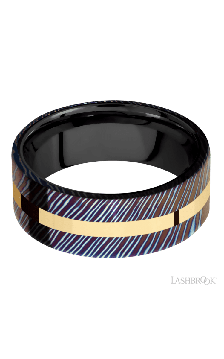 8 mm wide/Flat/Titanium Damascus band with one 2 mm Centered inlay of 14K Yellow Gold also featuring a Zirconium sleeve. - Diamonds By Rothschild